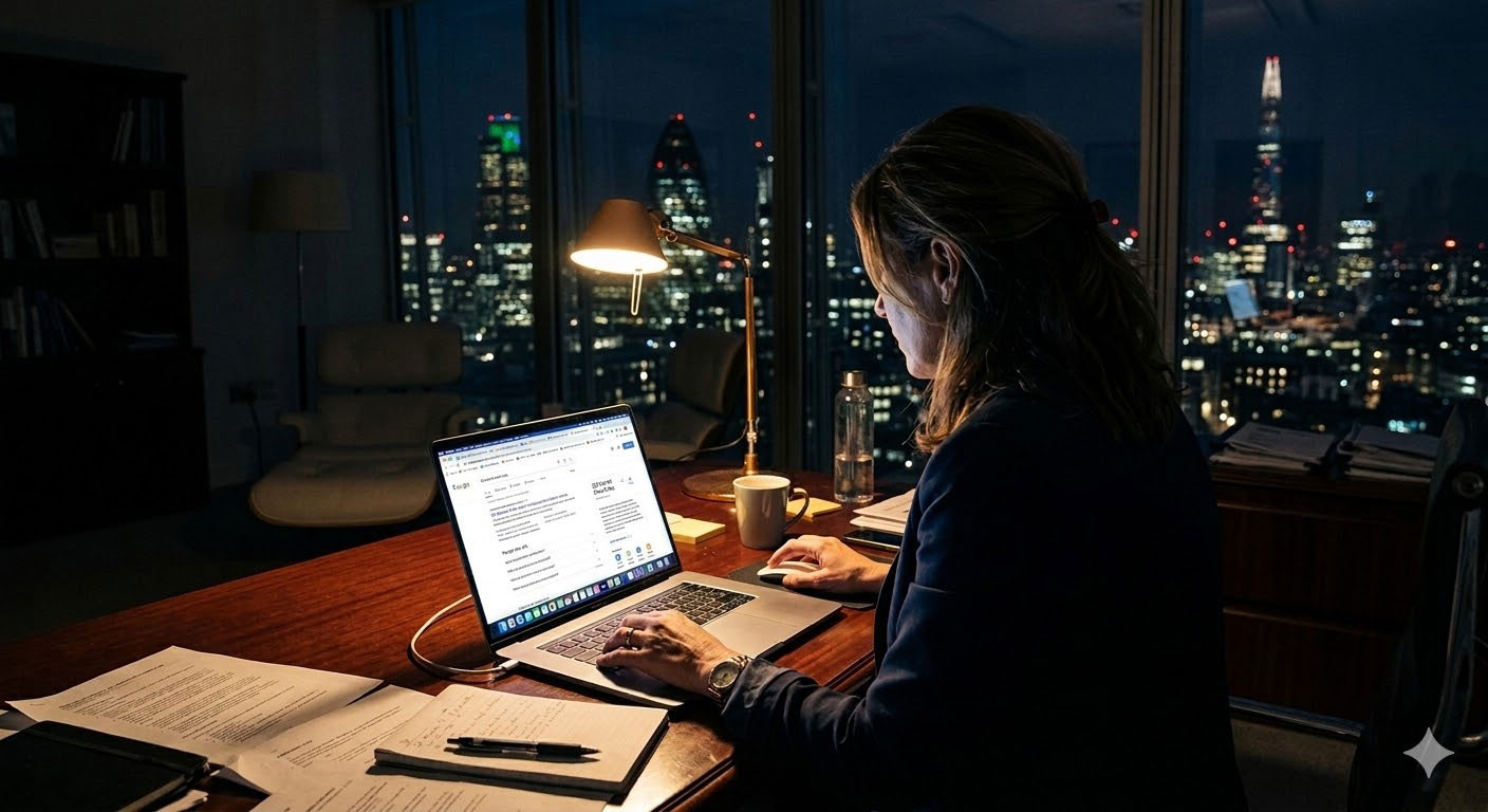 A woman in a dark blazer works at a laptop in a modern office at night, with the illuminated London skyline, including the Shard and Gherkin, visible through the window behind her.