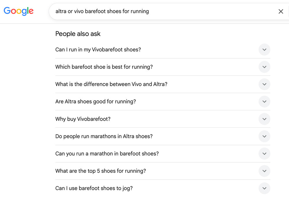 A People Also Asked box for the Google search 'altra or vivo barefoot shoes for running'