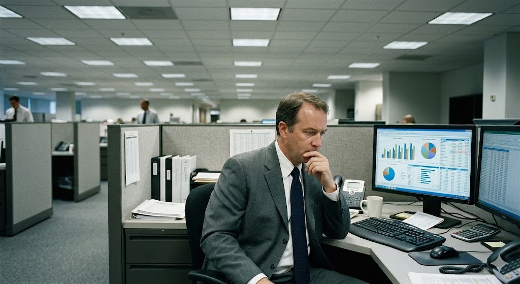 a man in a very corporate grey office with suspended ceilings, in a cubicle, wearing a boring suit, looking at data on a screen