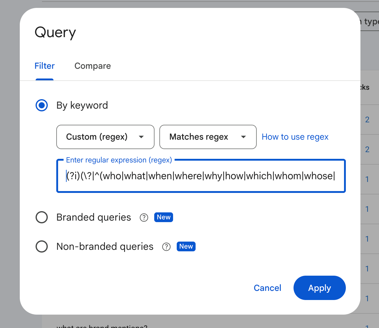 Screenshot of the Google Search Console query filter window displaying 'By keyword' as the selected option 