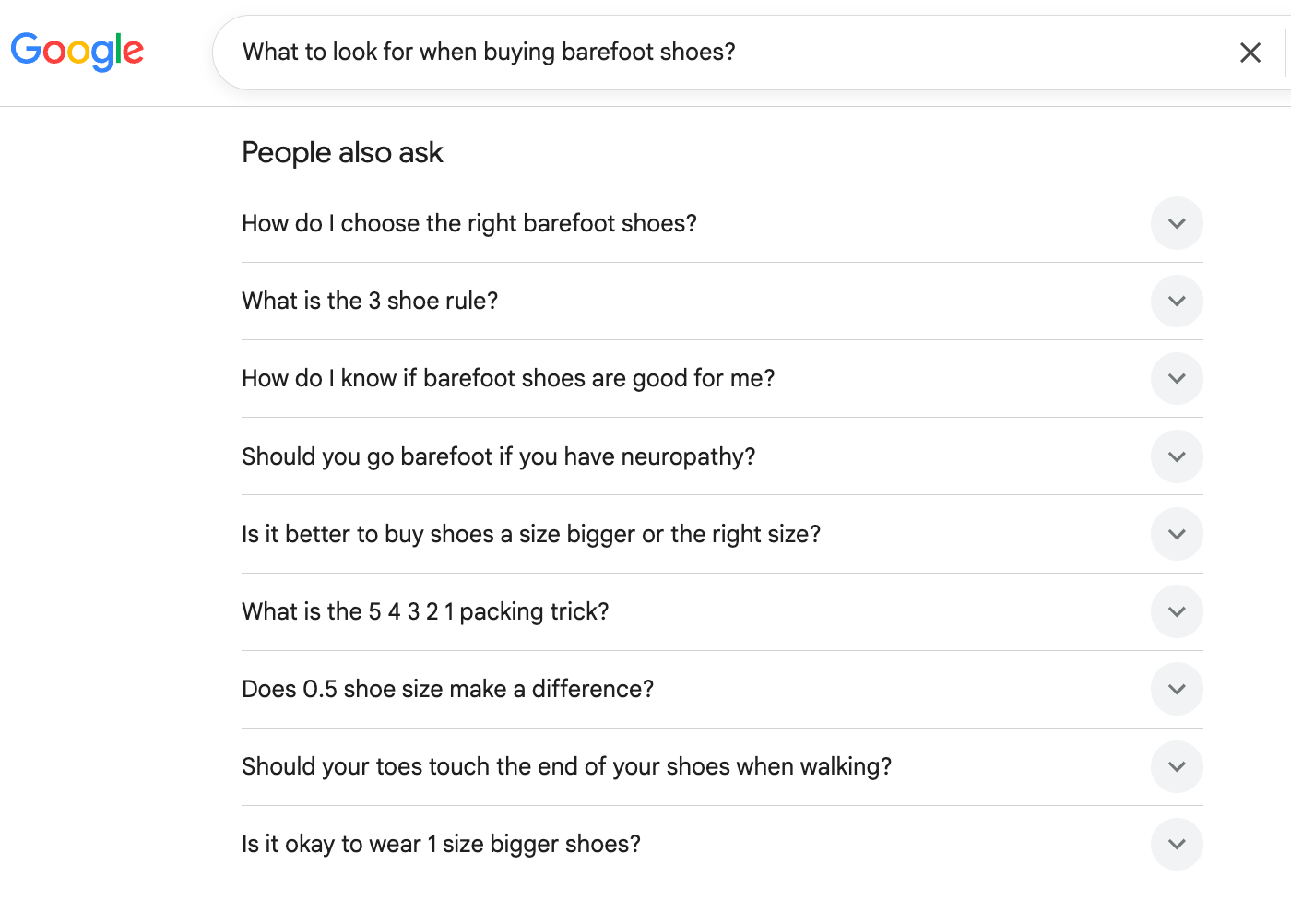 A People Also Asked box for the Google search 'what to look for when buying barefoot shoes?'
